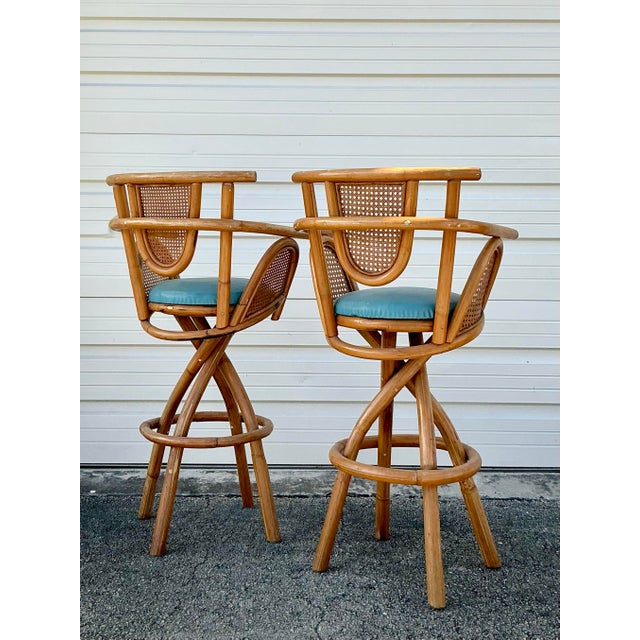 Vintage Coastal Bent Rattan Bar Stools- Set of 2 For Sale - Image 4 of 8