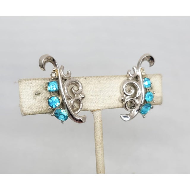 Metal Vintage 1950 Signed Crown Trifari Alfred Philippe Design Faux-Aquamarine Clip Earrings - 2 Pieces For Sale - Image 7 of 9