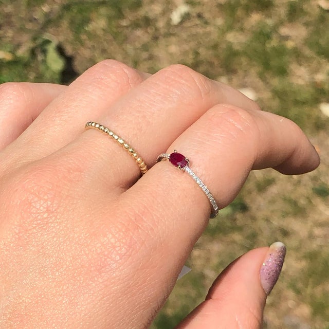 Red East West Ruby Ring W Earth Mined Diamonds in Solid 14k White Gold Oval 5x4mm For Sale - Image 8 of 10