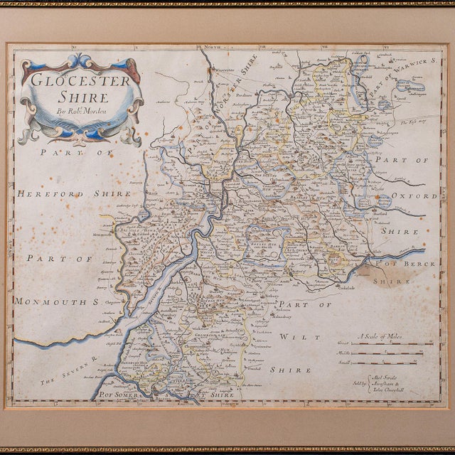 English Antique Framed Gloucestershire Map, English Atlas Engraving, Cartography, c.1700 For Sale - Image 3 of 12