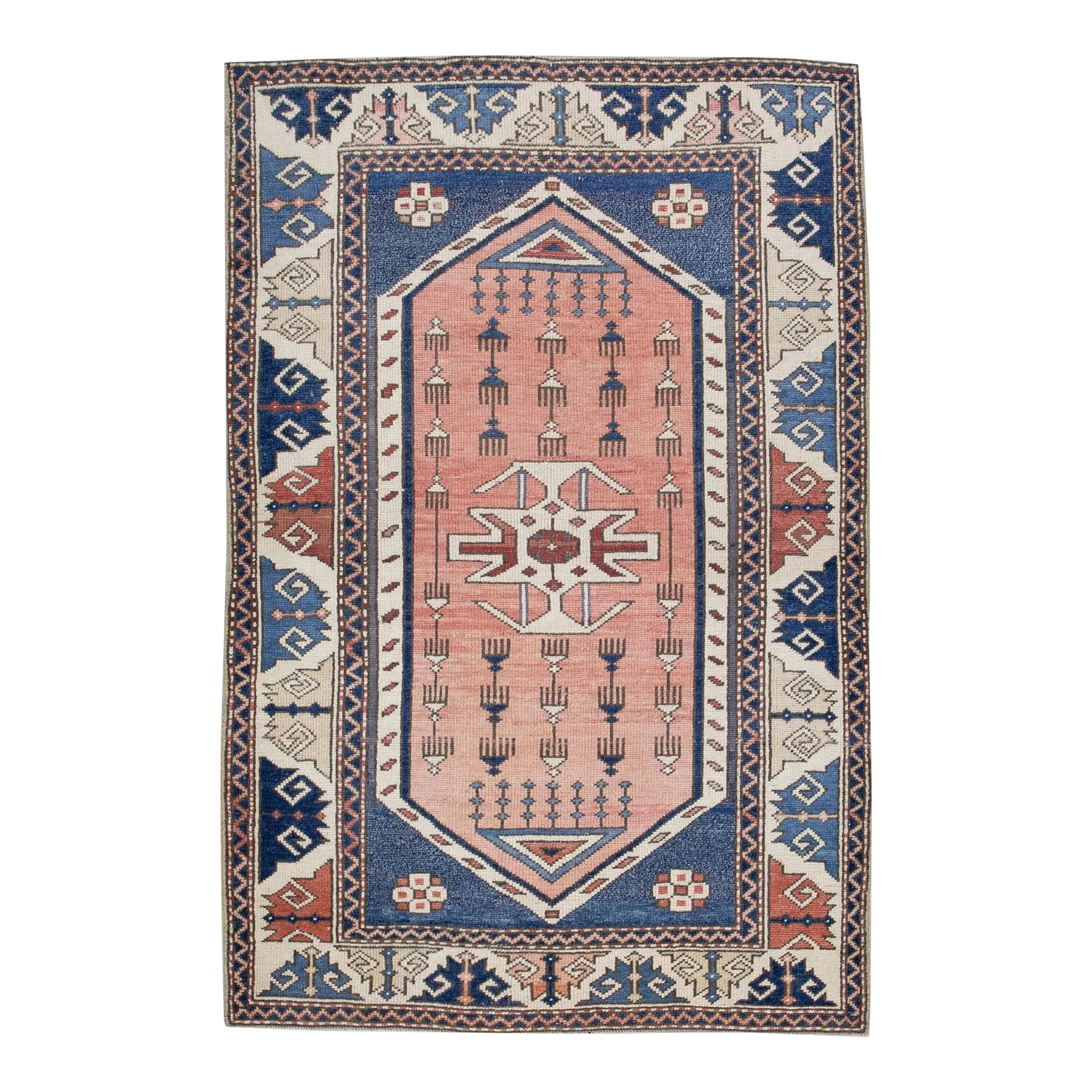 1960s Pink and Blue Vintage Handmade Turkish Rug 3'4