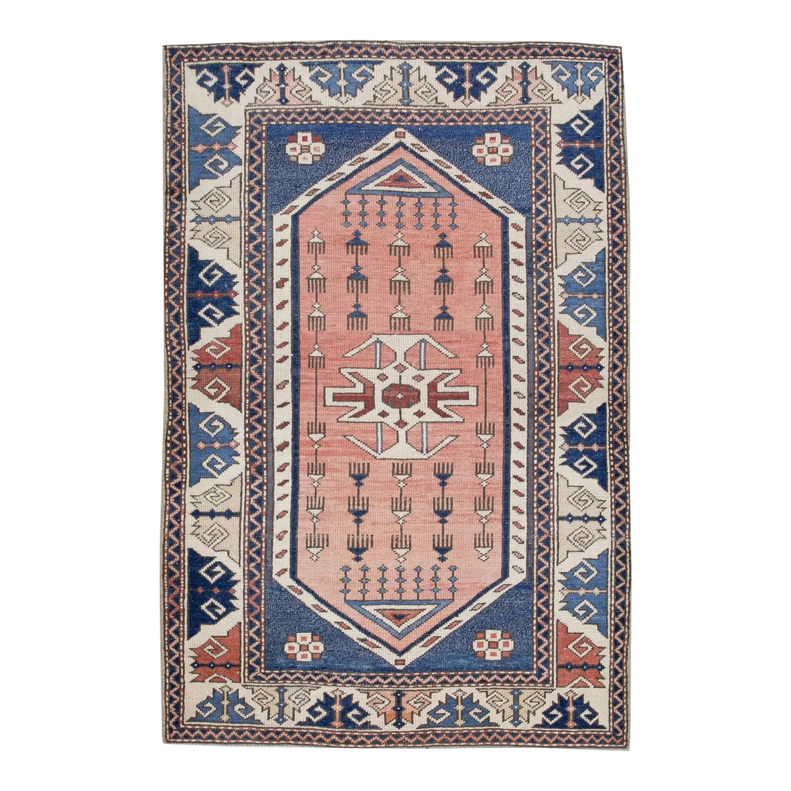 1960s Pink and Blue Vintage Handmade Turkish Rug 3'4