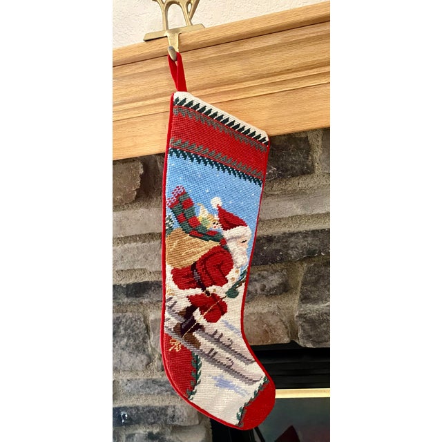 Vintage Skiing Santa Claus 100% Wool Needlepoint Christmas Stocking 1991 Peking Handicraft Excellent Condition For Sale - Image 4 of 13
