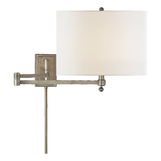 Thomas O'Brien for Visual Comfort Signature Hudson Swing Arm in Antique Nickel with Linen Shade For Sale