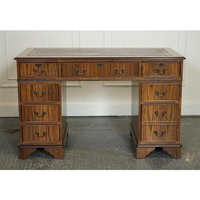 Vintage Oak Office Pedestal Desk in Brown Leather Top For Sale - Image 4 of 17