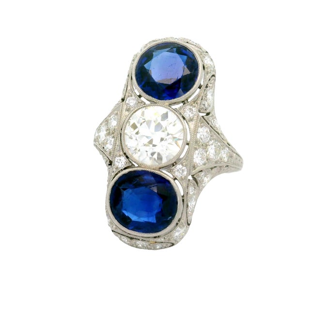 Art Deco 1920s Art Deco Blue Sapphire Diamond Platinum Navette Ring, Size 5.5 For Sale - Image 3 of 6