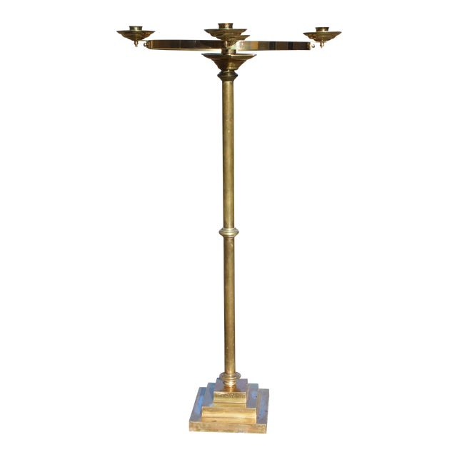 Vintage Mid Century Brass Ceremonial Floor Candlestick Candelabra