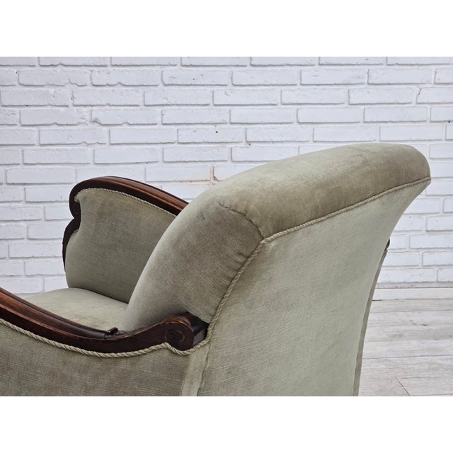 1950s Danish Lounge Chair in Velour and Carved Oak, 1950s For Sale - Image 5 of 18