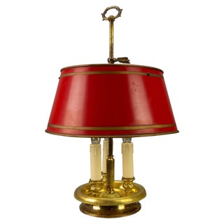 French Brass and Red Tole Shade Three-Light Bouillotte Desk Lamp, 1950s For Sale