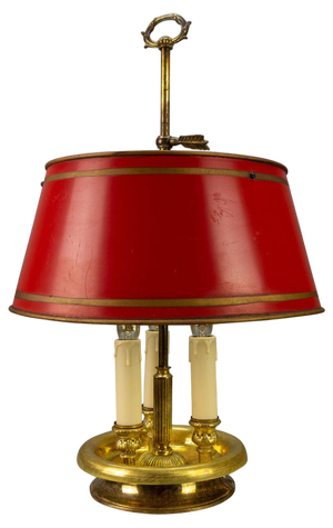French Brass and Red Tole Shade Three-Light Bouillotte Desk Lamp, 1950s