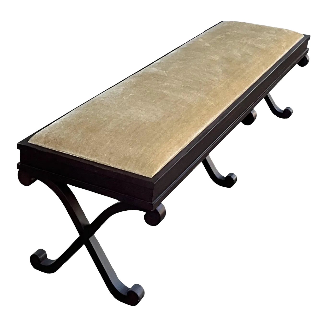 Late 20th-C. Neo-Classical Style Long X-Based Bench in Gold Velvet ...