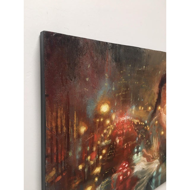 Contemporary Double Entendre 2 by Christopher Clark | Oil Painting of a woman amidst a cityscape at night For Sale - Image 3 of 3