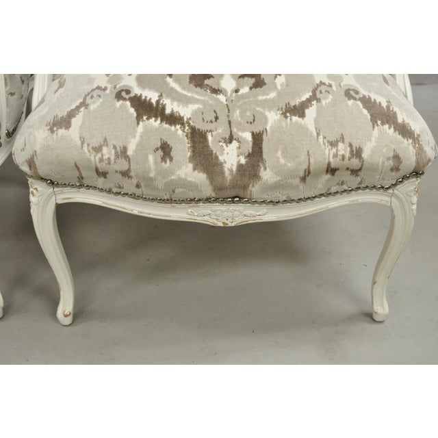 White Vintage French Country Louis XV Style White Distress Painted Arm Chairs - A Pair For Sale - Image 8 of 12