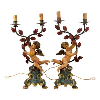 Cherub Table Lamps with Carved and Painted Angel Figures, 1920s, Set of 2 For Sale