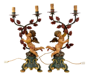 Cherub Table Lamps with Carved and Painted Angel Figures, 1920s, Set of 2