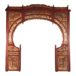 Vintage Chinese Gilt & Vermillion Scenic Carved Rosewood Doorway Entry Panel For Sale