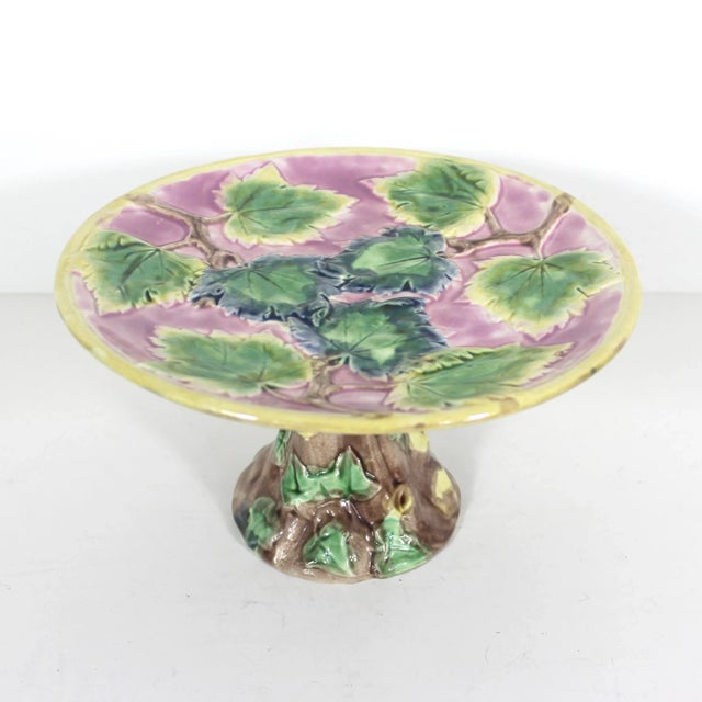 Antique Etruscan Majolica Cake Stand, Round Pink Yellow Green Leaf Motif Platter With Faux Bois and Ivy Base Makers Mark For Sale - Image 10 of 11