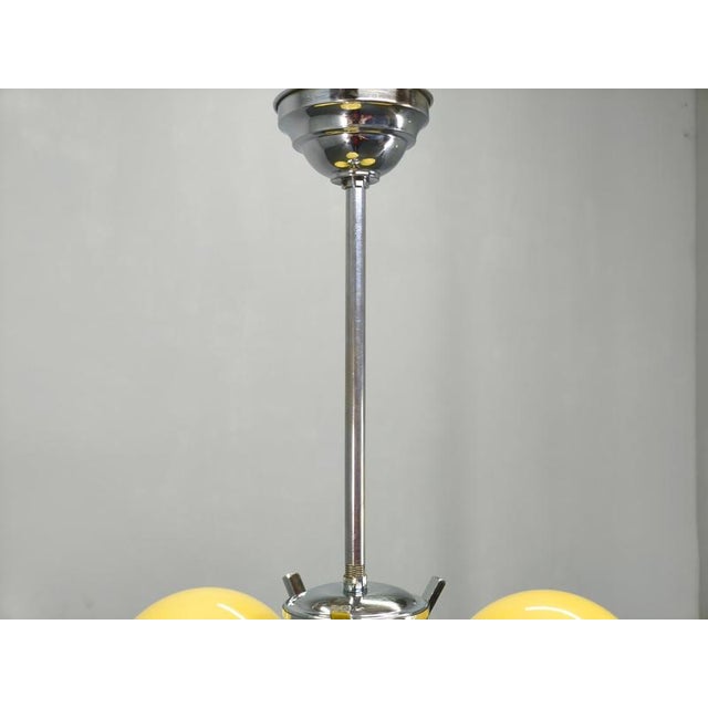 Gold Art Deco Chrome and Opaline Glass Chandelier, Czechoslovakia, 1930s For Sale - Image 8 of 14