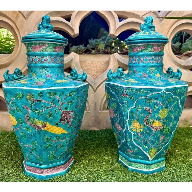Rare Pair of Chinese Turquoise-Ground Fahua-Ware Octagonal Lidded Vases, Ming dynasty, Zhengde Period (1506–1521)...