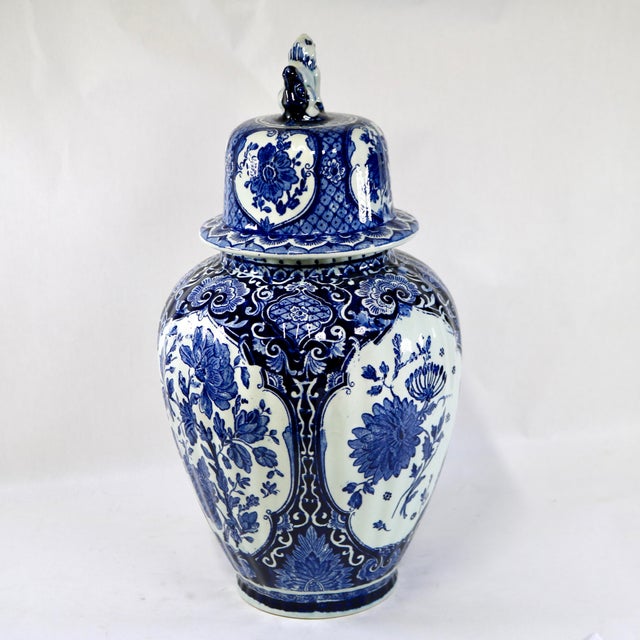 Chinoiserie Vintage Large 15" Delft Blue Lidded Baluster Urn Ginger Jar by Boch for Royal Sphinx For Sale - Image 3 of 11