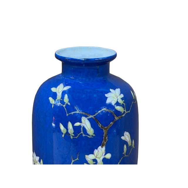 Blue 8" Vintage Bright Cobalt Blue Flower Bird Enamel Porcelain Art Vase For Sale - Image 8 of 13