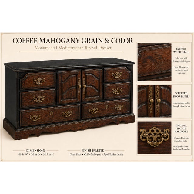 Spanish Revival 1960s Monumental Mediterranean Revival Solid Pine Dresser in Onyx Black & Coffee Mahogany For Sale - Image 3 of 7