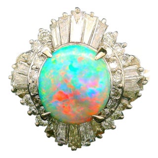 Australian Opal Diamond Platinum Burst Ring, Size 7.5 For Sale