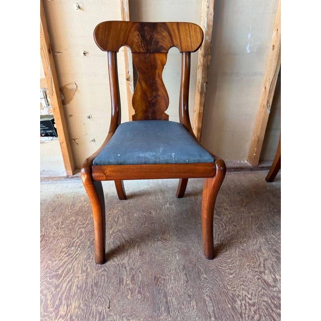 Early 20th Century Set of 6 Crotch Flame Mahogany Empire Style Saber Leg Dining Chairs For Sale - Image 4 of 18