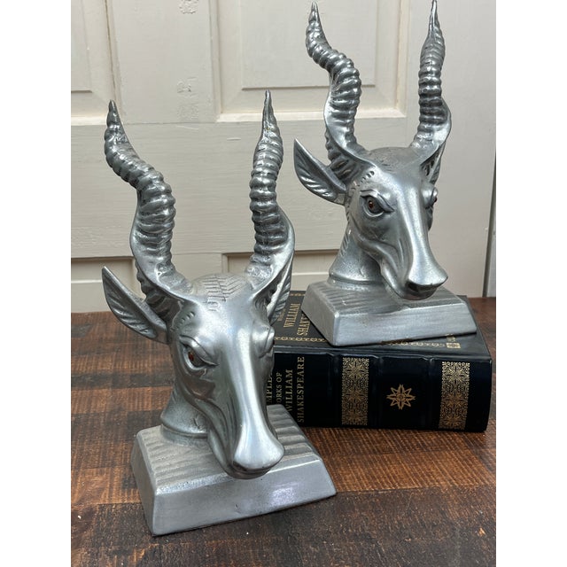 Arthur Court MCM Antelope Gazelle Bookends Silver Weighted Metal Amber Eyes For Sale In Philadelphia - Image 6 of 11