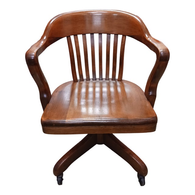 Mid-Century Traditional Taylor Chair Co. Solid Birch Walnut Swivel Banker's Chair For Sale