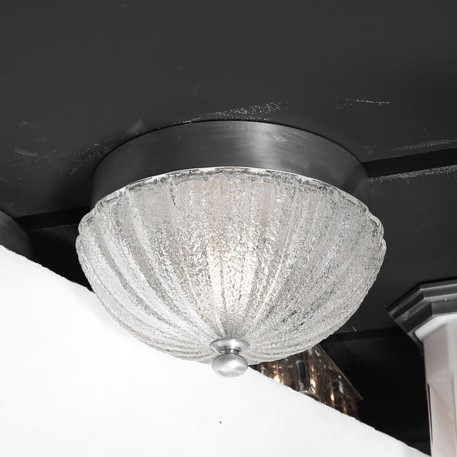 Pair of Mid Century Mottled & Fluted Murano Glass Flush Mount Chandeliers For Sale - Image 4 of 18