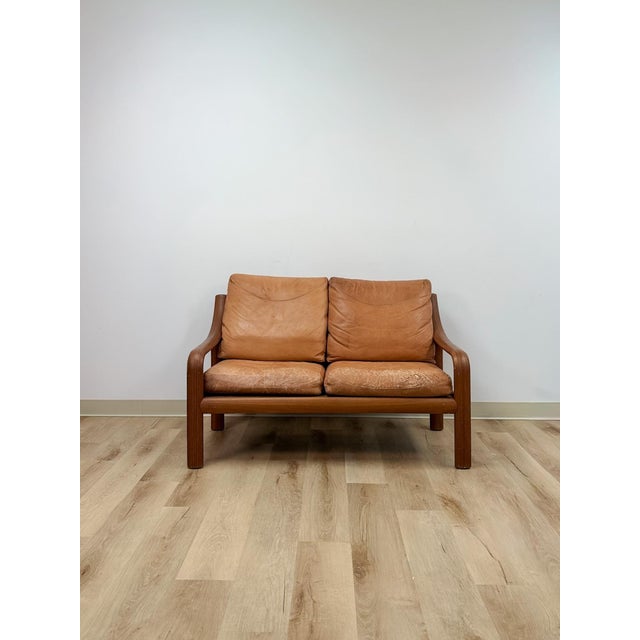 MCM Danish Modern Cognac Color Two Seat Couch Curved Bench Sculptural Seating For Sale - Image 13 of 14