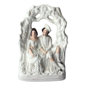 Large Antique Staffordshire Porcelain Wedding Figurine With Bride & Groom Under Floral Arch