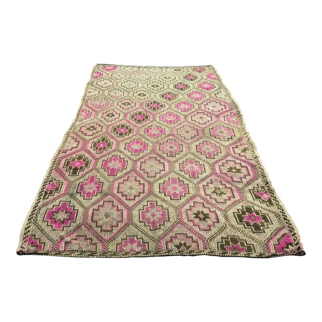 1960s Vintage Turkish Anatolian Geometric Design Handmade Wool Kilim Rug - 6′6″ × 11′1″ For Sale