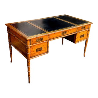 Chippendale & Campaign Style Faux Bamboo Carved Fruitwood Desk Leather Top For Sale