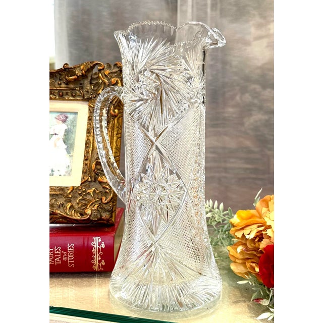 Early 20th Century Vintage Brilliant Cut Glass Signed Yasemin Large Clear Cut Water Pitcher For Sale - Image 5 of 9