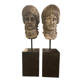 Pair of Neoclassical Style Carved Stone Busts on Marble Plinths For Sale