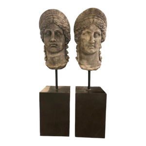 Pair of Neoclassical Style Carved Stone Busts on Marble Plinths