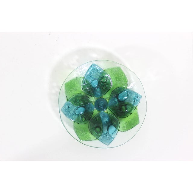 Blue Vintage Art Glass Bubble Bowl Green Blue Flower For Sale - Image 8 of 9