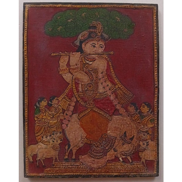 1900s Tanjore Painting Krishna Flute Venugopala India Indian Thanjavur Antique Vintage Framed For Sale - Image 11 of 17