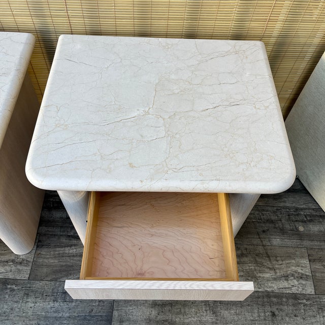 Beige A Pair of Postmodern Custom-Made, Bull-Nose Marble Top Nightstands. Circa 1990s For Sale - Image 8 of 18