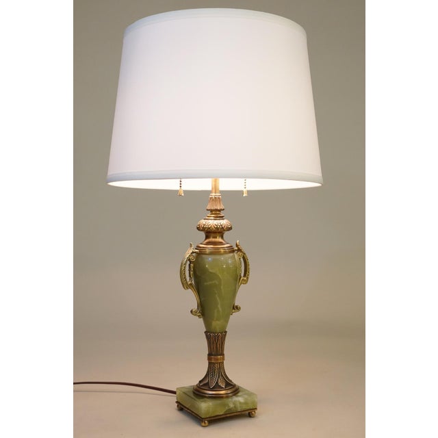 Metal Mutual Sunset Lamp Co. French Empire Deco Neoclassical Green Onyx Marble Bronze Brass Table Lamps 1930's For Sale - Image 7 of 13