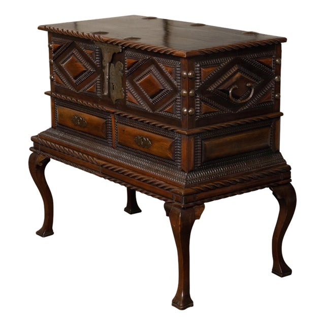 Anglo-Indian 19th Century Two-Toned Geometric Front Mahogany Coffer on Base For Sale
