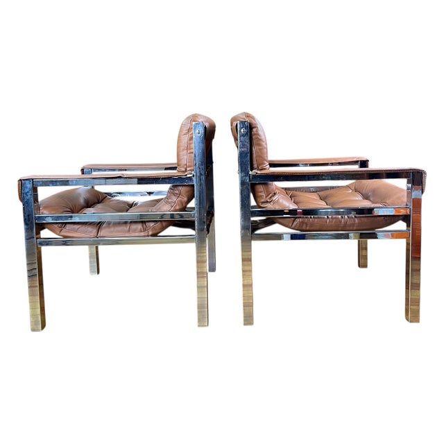 1960s Mid-Century Modern Chrome and Leather Safari Lounge Chairs - A Pair For Sale - Image 5 of 12