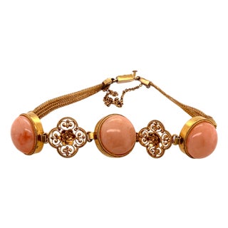 Antique 14k Gold Coral Etruscan Style Filigree Bracelet For Sale