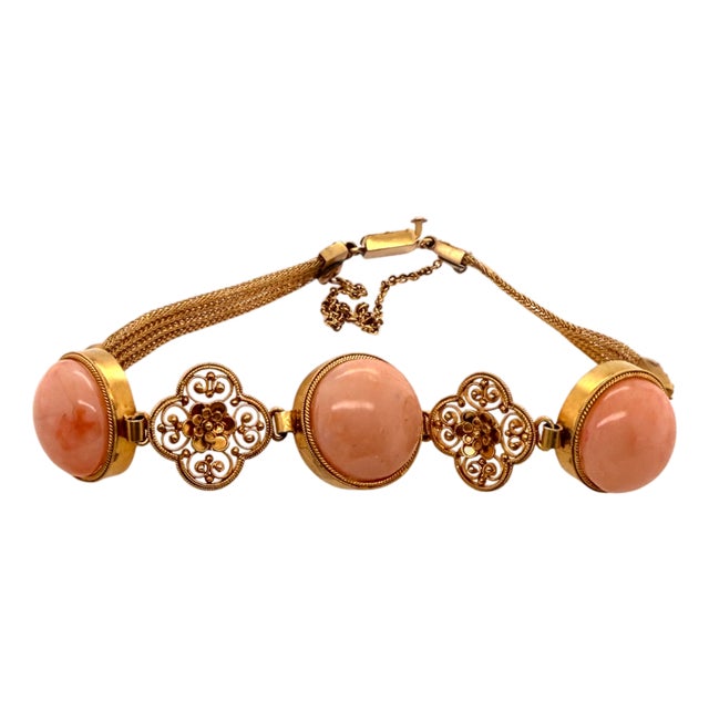Antique 14k Gold Coral Etruscan Style Filigree Bracelet For Sale