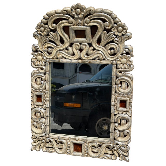 Rustic European 18c Style Kathleen Spiegelman Silver Giltwood Portuguese Mirror For Sale - Image 3 of 4