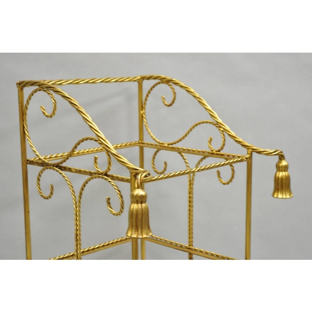 Hollywood Regency Mid 20th Century Italian Hollywood Regency Gold Gilt Iron Tassel 3 Tier Etagere Towel Rack Stand For Sale - Image 3 of 12