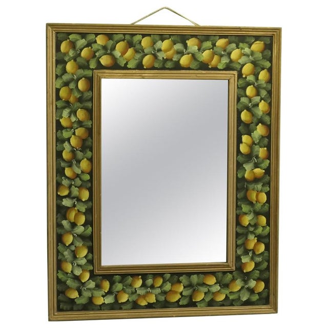 Green Folk Art Wall Mirror with Cushion Frame and Lemon Decoration, 1930 For Sale - Image 8 of 8