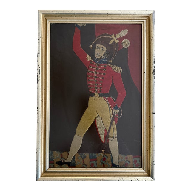 Vintage Napoleonic Hussar Soldier Textile Art Framed Wool Applique Military Wall Decor For Sale